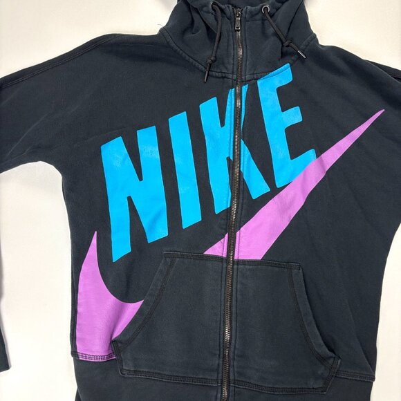 Nike Sportswear Womens Zip Up Hoodie Black Sz M Big Swoosh Spellout - Picture 2 of 8